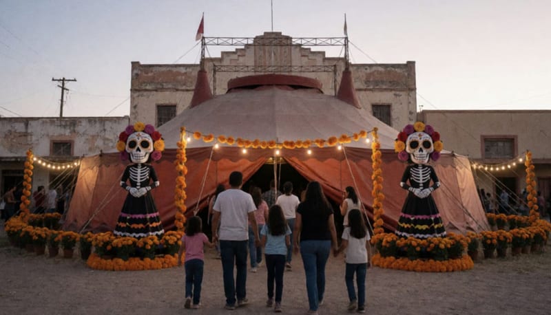 Carpa de circo con catrinas gigantes y flores de cempasúchil frente a un cine antiguo al anochecer