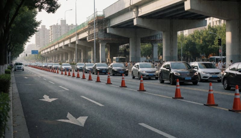 Avenida con conos que desvían el tránsito a los carriles laterales junto a una obra