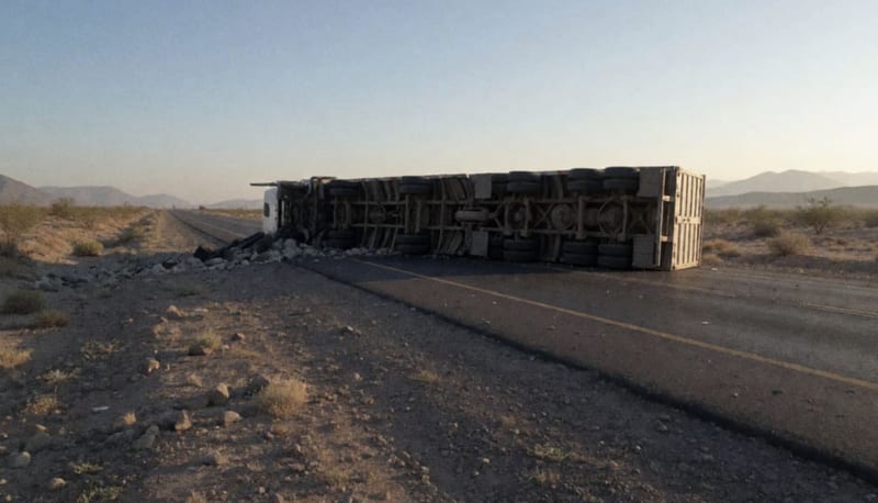 Camión volcado sobre la carretera del desierto con carga esparcida en el asfalto