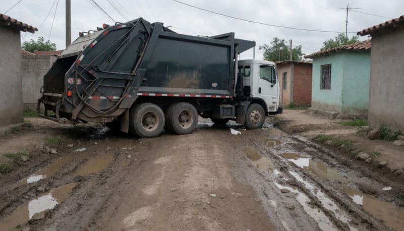 Camión de recolección de basura atascado en lodo en una calle sin pavimentar de una colonia residencial