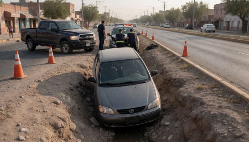 Automóvil gris atrapado en un barranco de tierra junto a una avenida, con una camioneta detenida arriba y paramédicos de espaldas