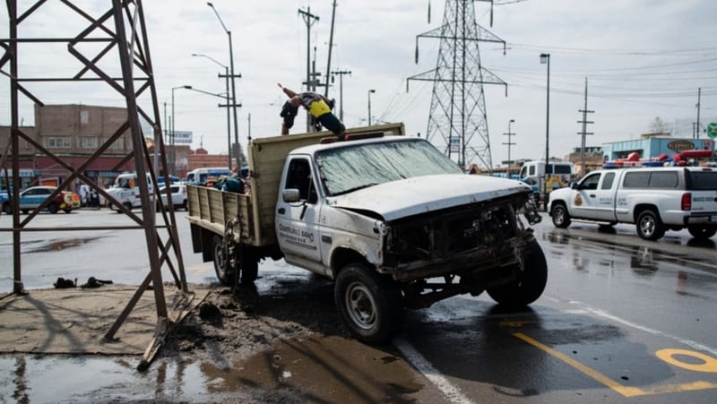 Camioneta del Gobierno se descontrola en Silvestre Terrazas y daña torre de CFE