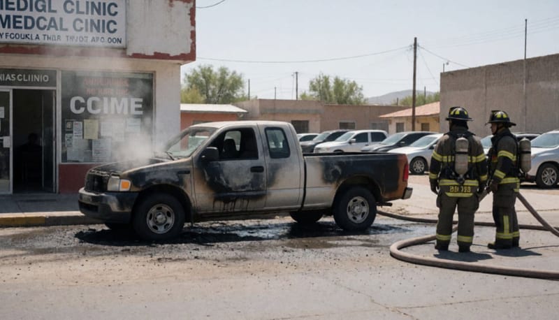 Camioneta con daños por fuego en una calle de Camargo, bomberos cerca del vehículo