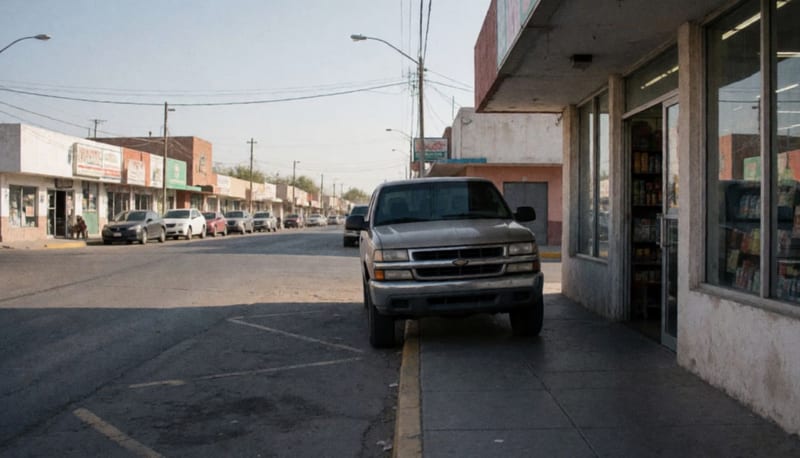 Camioneta estacionada sobre la banqueta frente a la entrada de una tienda en un barrio de Ojinaga