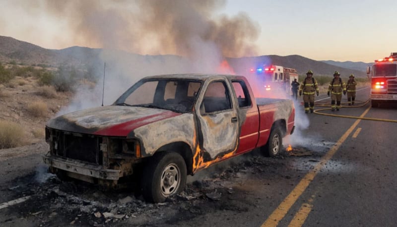 Camioneta roja completamente consumida por las llamas en la carretera del desierto