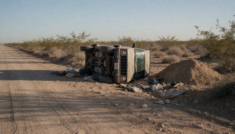 Camioneta volcada sobre su costado en un camino de tierra del desierto chihuahuense