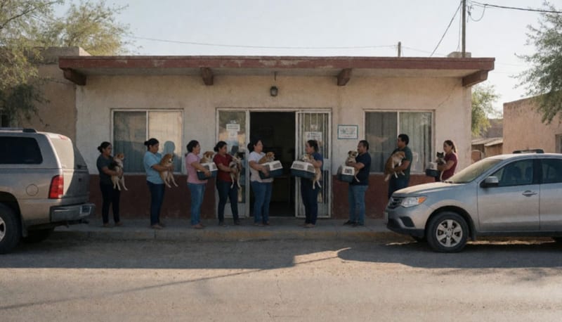 Personas formadas con sus mascotas fuera de un centro comunitario en una zona árida del norte de México