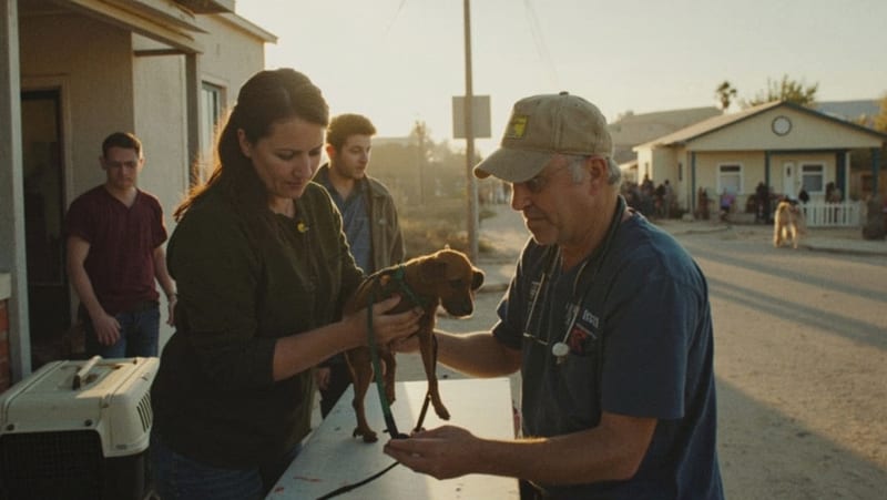 Veterinario revisa a una mascota mientras propietarios esperan con sus perros y gatos en un sector de la ciudad