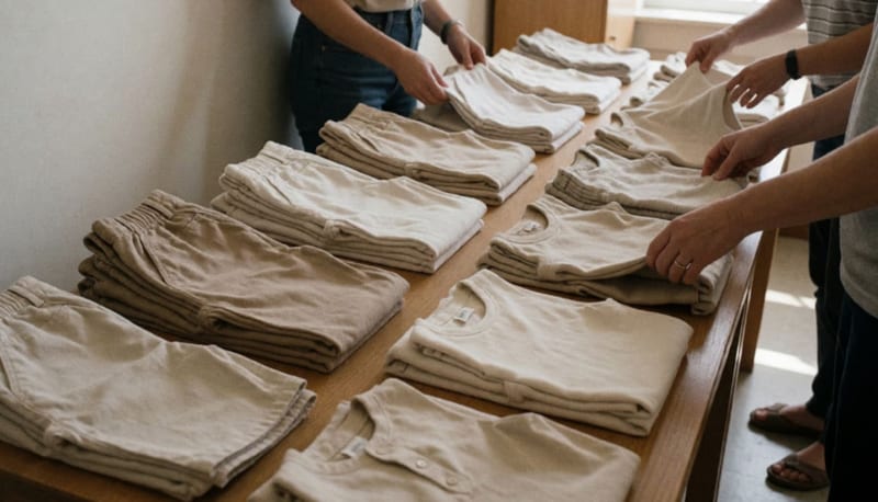 Prendas limpias y organizadas sobre una mesa, disponibles para donativos en una institución comunitaria
