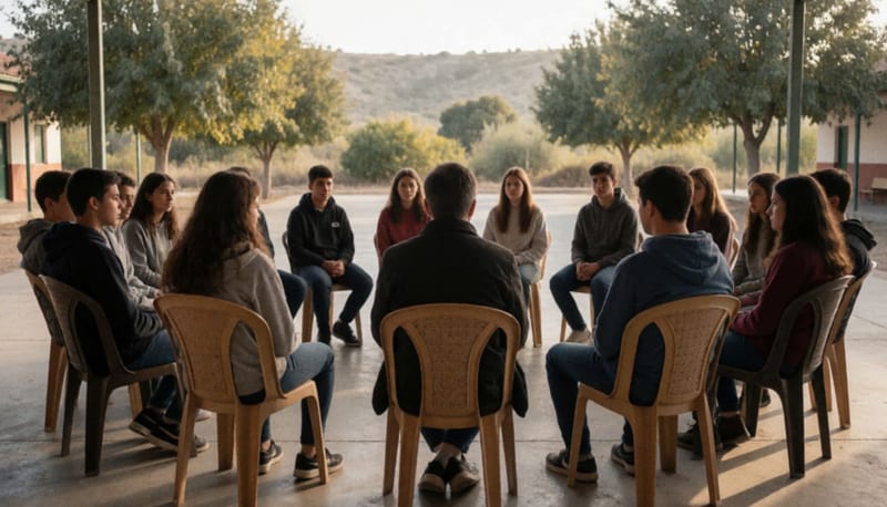 Estudiantes sentados en círculo sobre sillas de plástico en un patio escolar escuchando a una persona de espaldas