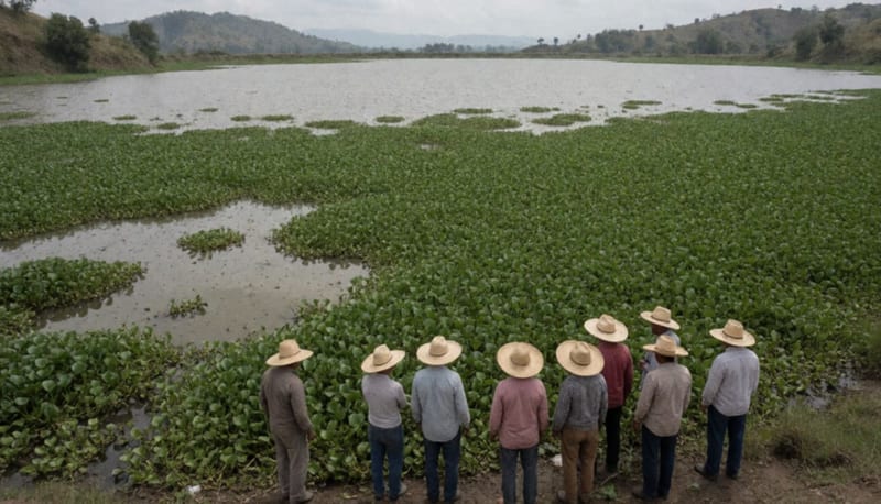 Campesinos de espaldas en la orilla lodosa de una presa cubierta de lirio acuático, con cerros al fondo y cielo nublado