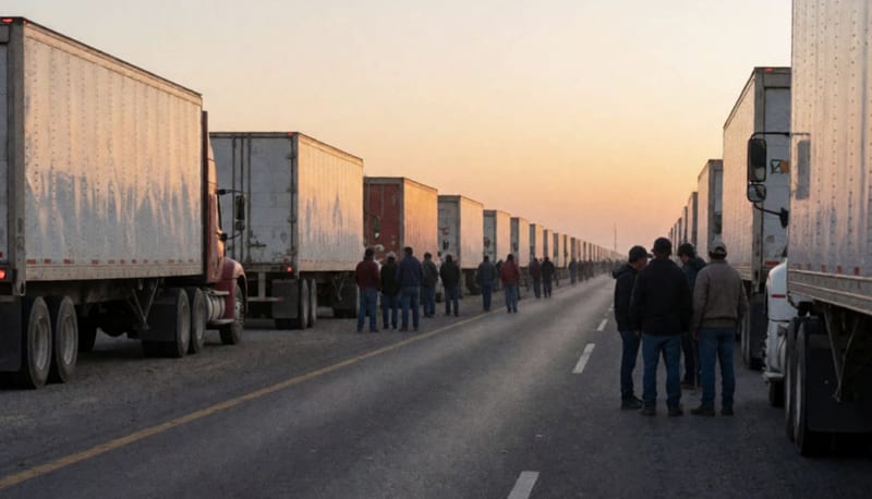 Fila de tráileres estacionados a un lado de una carretera del desierto al amanecer