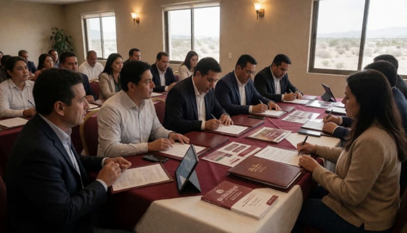 Empresarios reunidos alrededor de mesas firmando documentos durante una ceremonia de acuerdos comerciales