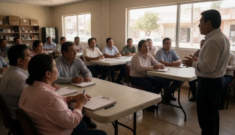 Comerciantes en una sala de capacitación escuchando a un instructor durante un taller empresarial