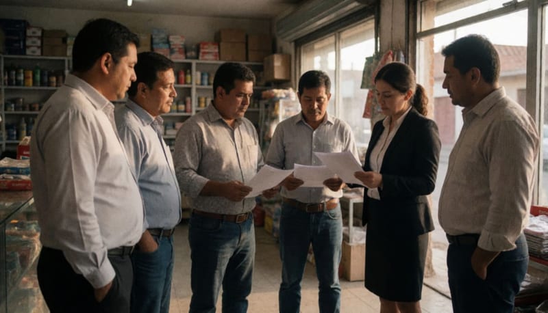 Comerciantes y funcionaria de Profeco sosteniendo una sesión informativa en el interior de un negocio