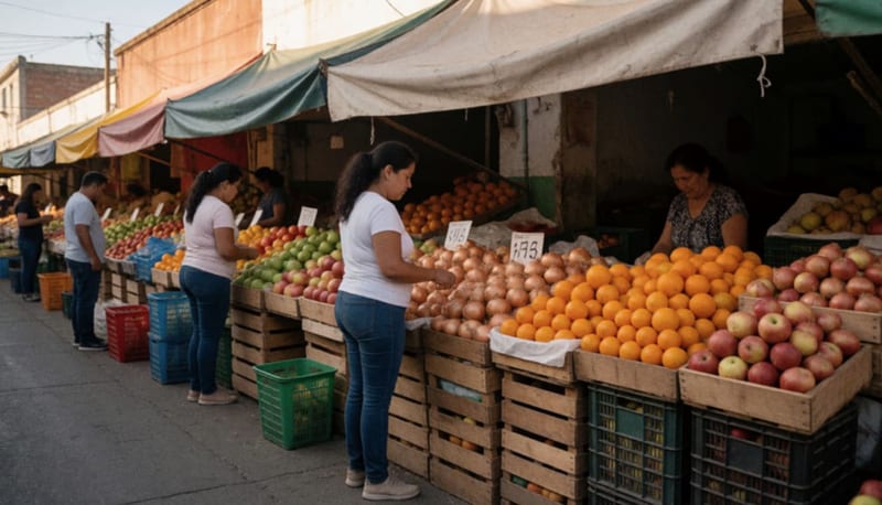 Compradores revisan cajas de cebollas, naranjas y manzanas en un puesto de frutas y verduras de un mercado al aire libre