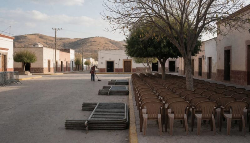 Plaza de un pueblo del norte con sillas de plástico vacías, vallas metálicas apiladas y cerros secos al fondo