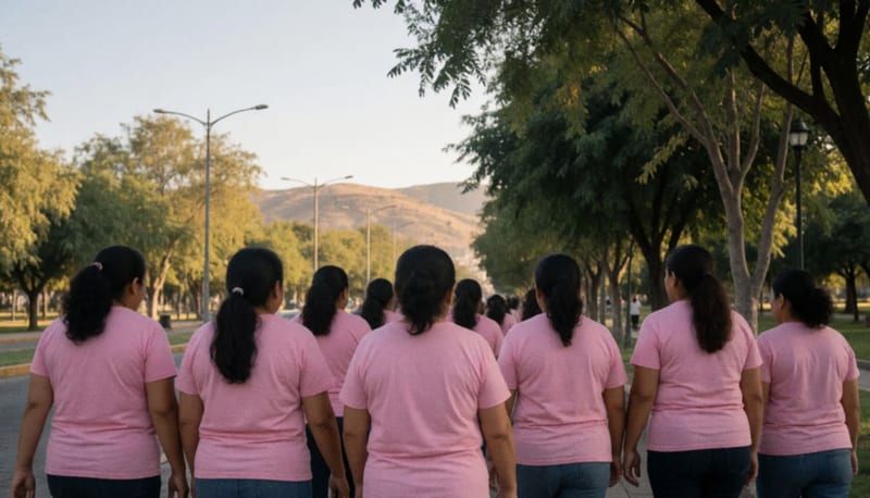 Grupo de mujeres con camisetas rosas caminando juntas por un sendero arbolado de un parque al amanecer