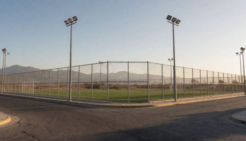 Cancha de fútbol con pasto sintético rodeada de malla ciclónica y postes de iluminación al atardecer