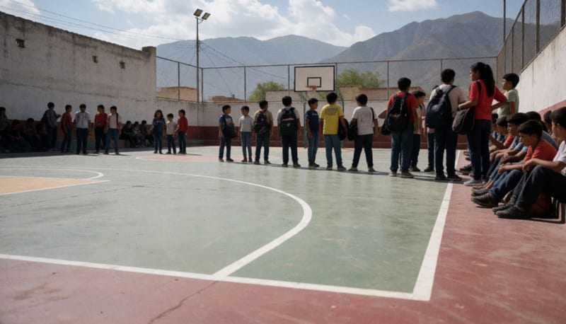Estudiantes alrededor de una nueva cancha deportiva en escuela secundaria del desierto chihuahuense