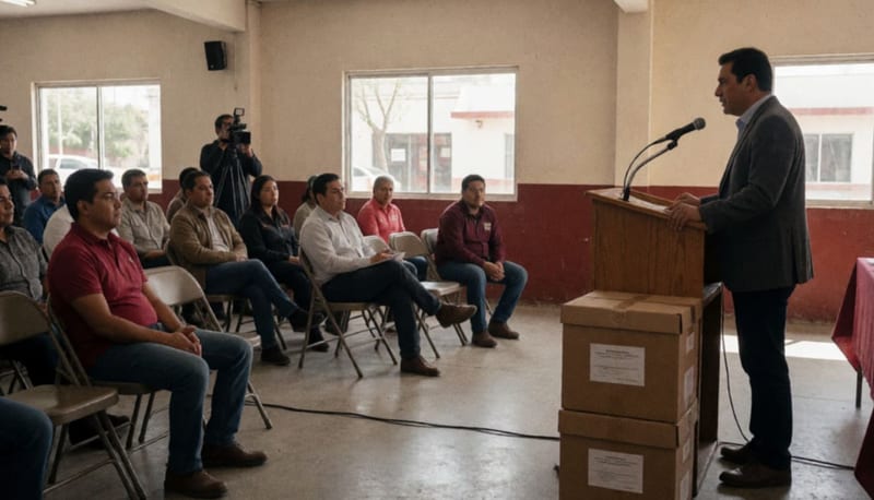 Candidato dirigiéndose a periodistas durante rueda de prensa en sede sindical con cajas de documentación sobre la mesa