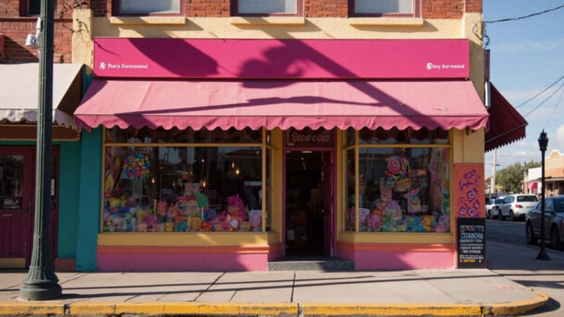 Fachada colorida de tienda de dulces con decoración rosa y escaparate con ilustraciones de golosinas en Ojinaga