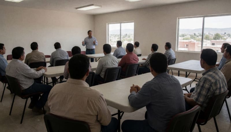 Trabajadores de comercio en una sesión de capacitación sobre seguridad contra fraudes telefónicos en un salón de conferencias