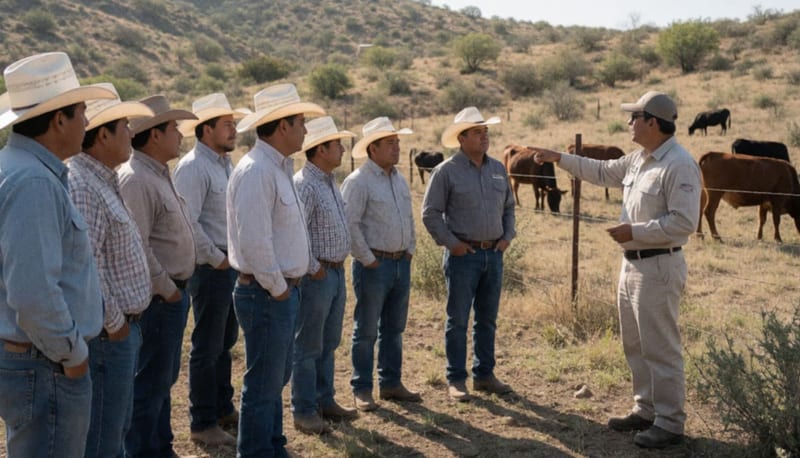Ganaderos reunidos en el campo de Parral escuchando orientación técnica sobre sanidad animal