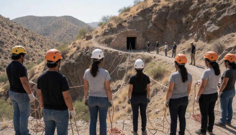 Grupo de personas con cascos y arneses practicando descenso con cuerdas en una ladera rocosa junto a una mina