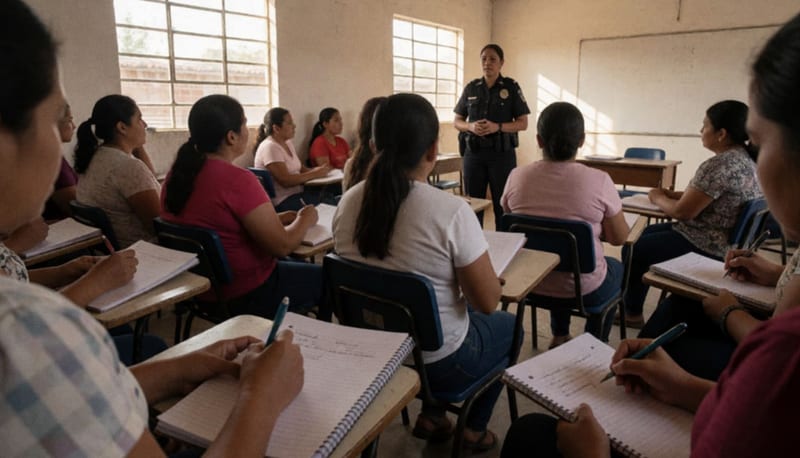 Maestros y directivos en una sala de capacitación escuchando a una oficial de policía durante una sesión de entrenamiento