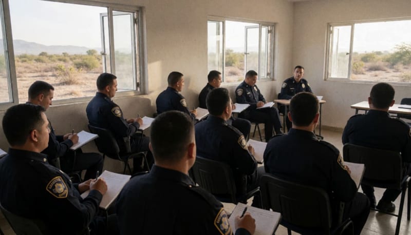 Policías de Delicias recibiendo capacitación en primeros auxilios psicológicos durante una sesión en la mañana