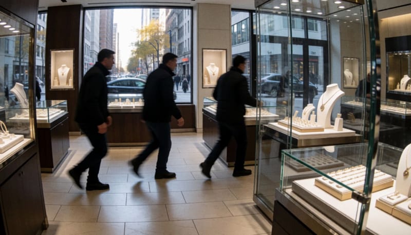 Tres sujetos dentro de una joyería tomando efectivo y artículos de una vitrina durante un asalto