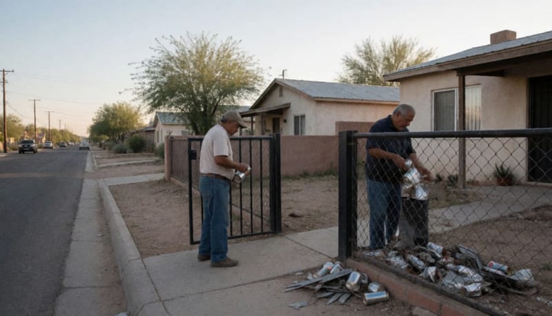 Hombre adulto cargando materiales metálicos en el patio de una vivienda en una calle residencial