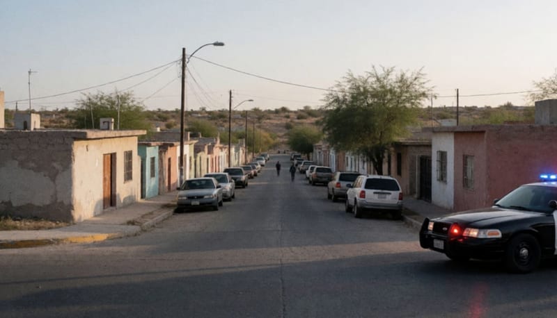 Calle residencial de fraccionamiento con unidad policial y luces de emergencia en la zona de Los Olivos