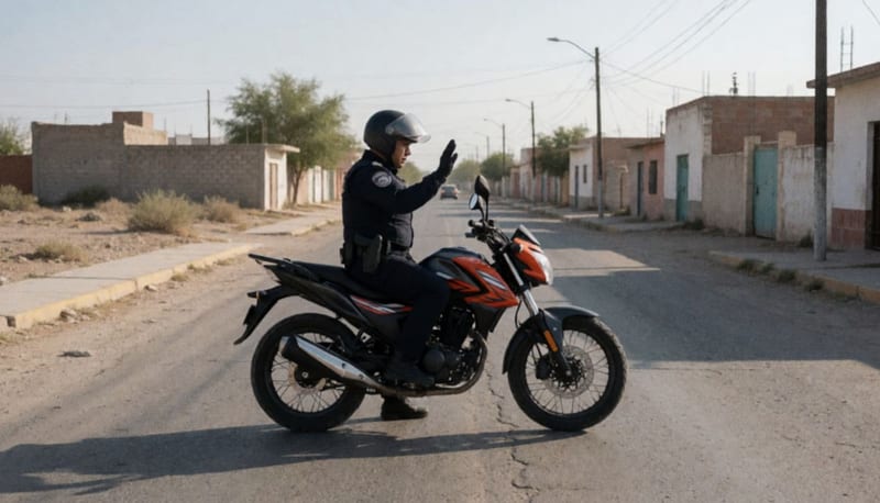 Elemento de seguridad revisando una motocicleta en una calle de Parral durante un operativo de tránsito