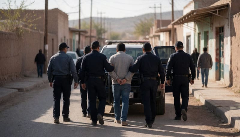 Oficiales escoltan a un detenido hacia una unidad de la policía en una calle de pueblo pequeño del norte de México