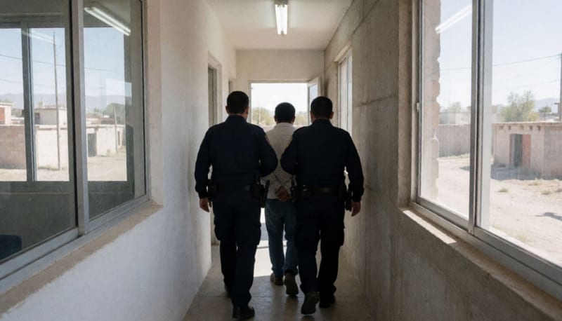 Oficiales escoltan a un detenido esposado por un pasillo de las instalaciones de la Fiscalía