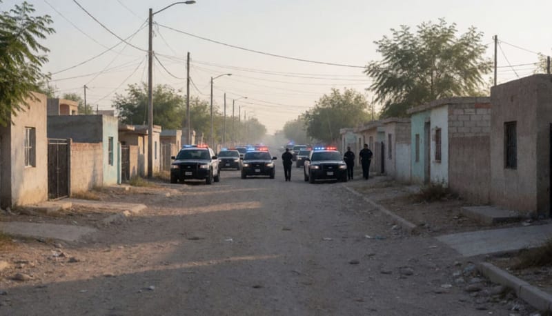 Operativo de autoridades en una colonia residencial del desierto durante el atardecer
