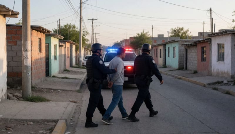 Agentes de investigación escoltando a un detenido en una calle de la ciudad durante una operación de captura