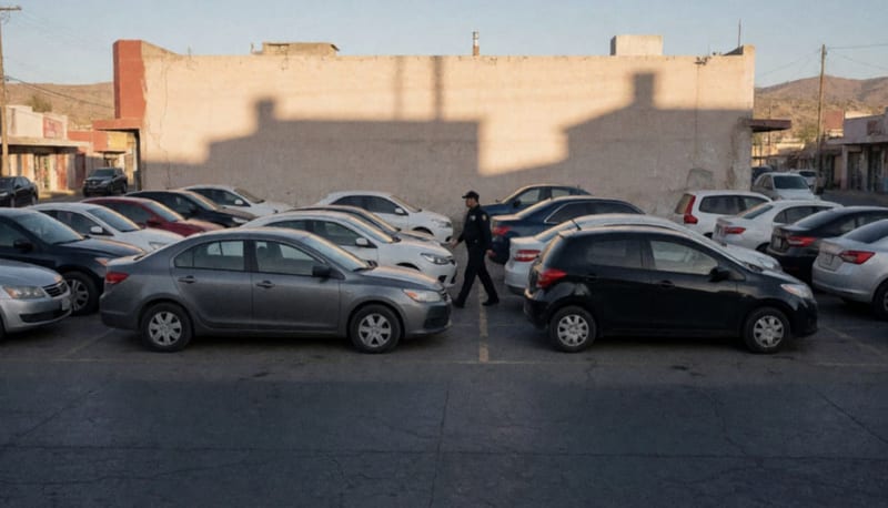 Dos vehículos estacionados en un lote con oficiales de policía durante un operativo de detención