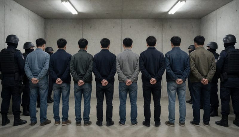 Grupo de detenidos bajo custodia de autoridades en una instalación policial
