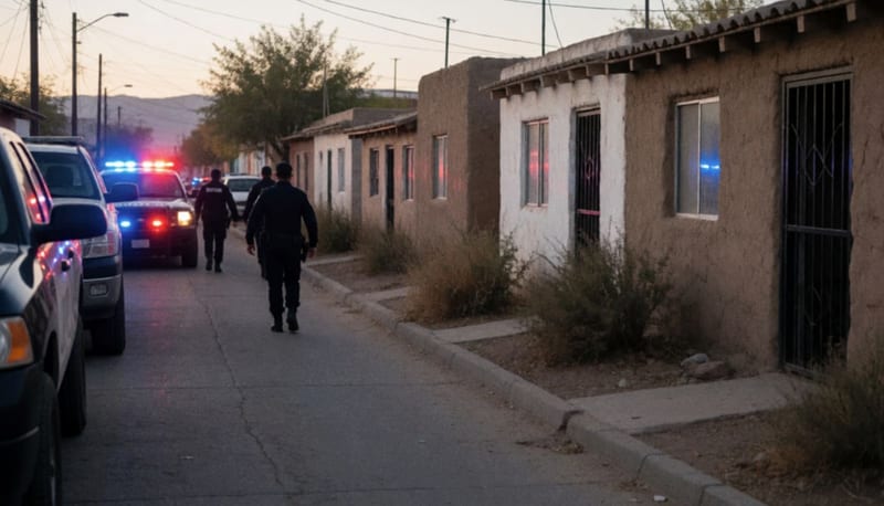 Patrullas con luces encendidas en una calle residencial de la ciudad al anochecer