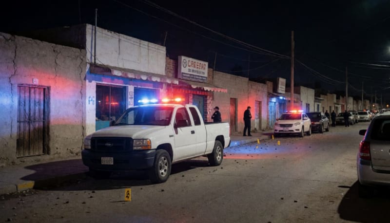 Luces de patrulla iluminando una calle residencial de Chihuahua durante un operativo nocturno