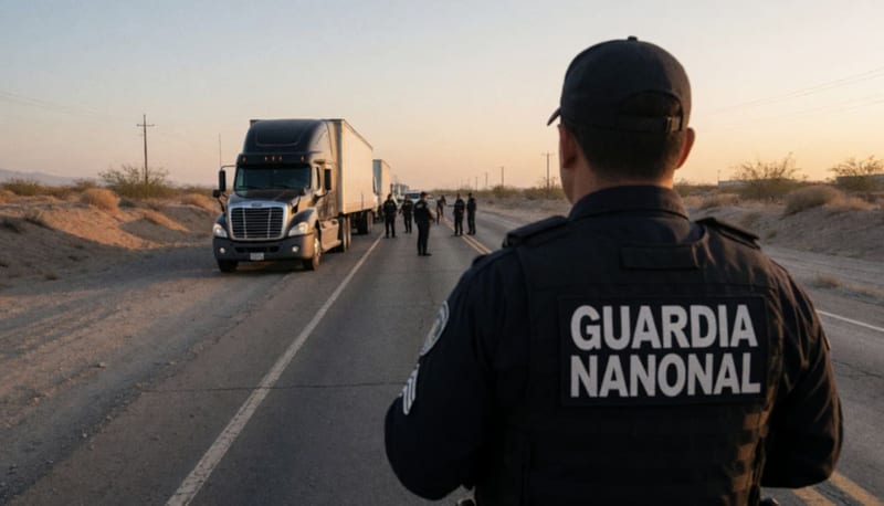 Operativo de seguridad en carretera del desierto con camión detenido y elementos de la Guardia Nacional