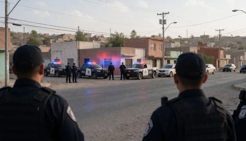 Oficial de seguridad en una calle de Aldama durante un operativo de detención