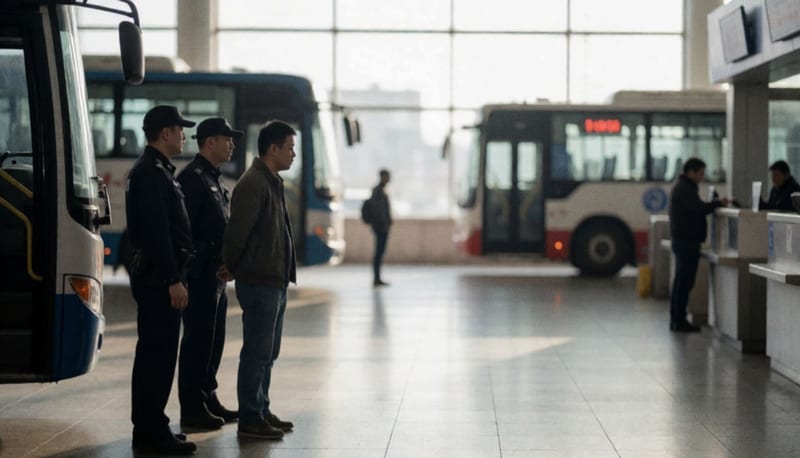 Agentes de seguridad efectúan una detención en la terminal de autobuses de Delicias al atardecer