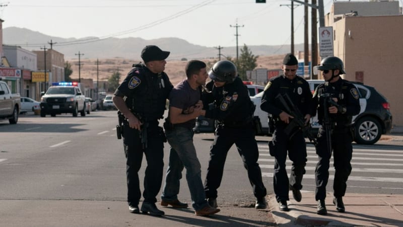 Agentes de seguridad ejecutando una detención en una calle de una ciudad norteña mexicana durante el día