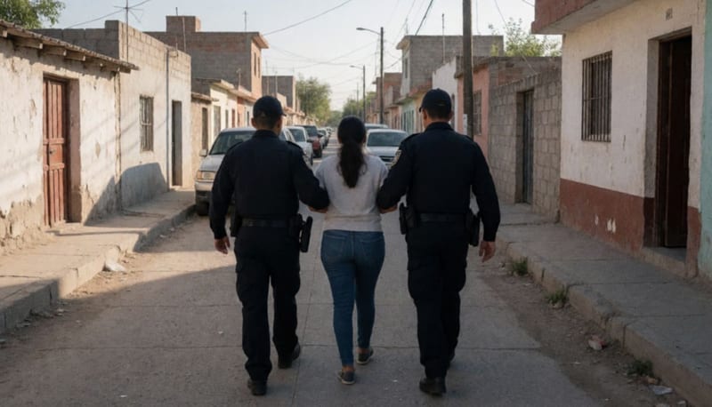 Oficial de seguridad escoltando a una persona por una calle residencial de una ciudad del norte