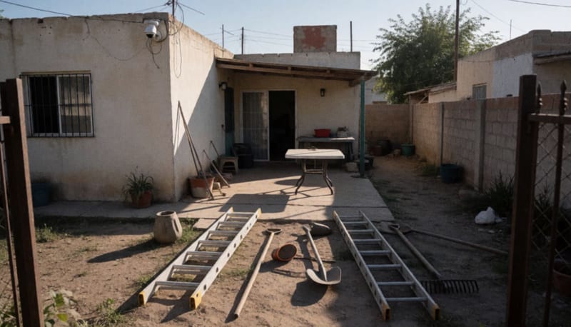 Patio trasero de una vivienda con herramientas y objetos esparcidos en el terreno al amanecer
