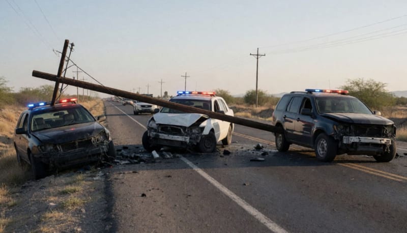 Tres vehículos dañados en la carretera tras el choque, con un poste de madera caído en el terreno aledaño